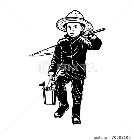 Boy fishing - template for fishing design isolated on white 70685109