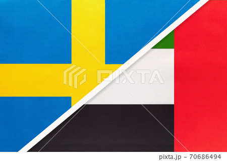 Sweden and United Arab Emirates or UAE, symbol of national flags from textile. 70686494