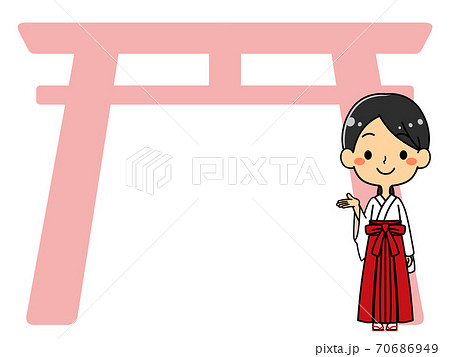 巫女さん 鳥居 背景イラスト コピースペースのイラスト素材