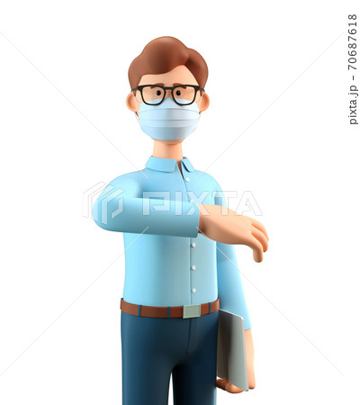 Businessman wearing protective face mask and greeting bumping elbow. 3D illustration of standing man with tablet. 70687618