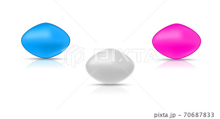 Three active pills for erection. Pink, blue and gray tablets.Vector illustration with shadow and reflection on white background. 70687833