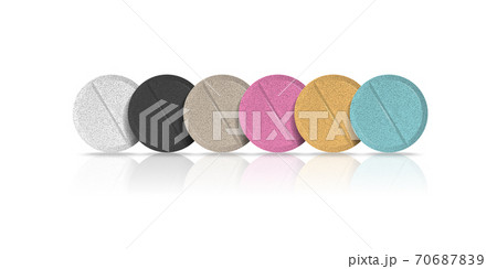 Different colors round pills on white background. Vector illustration with shadow and reflect Different colors round pills on white background. Vector illustration with shadow and reflect 70687839