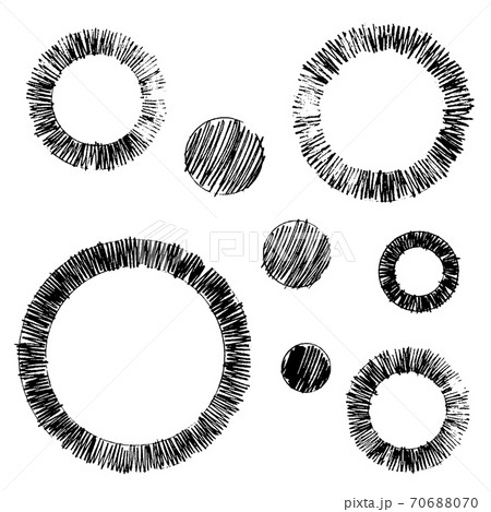 Set of vector grungy graphite pencil art brushes. Pencil textures of different circles shapes. Easy edit color and apply to any path, write and draw. 70688070