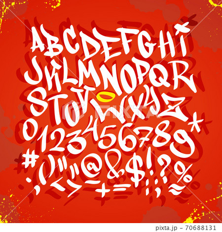 Handwritten graffiti font alphabet. Vector illustration on red background 70688131