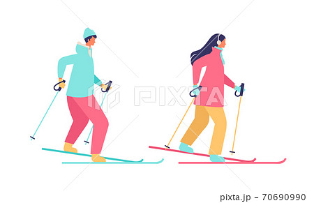 スキーをする冬の若いカップルのイラストのイラスト素材