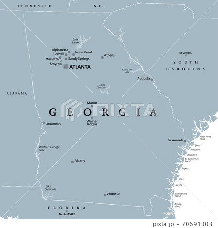 Georgia, GA, gray political map with capital Atlanta and largest cities. State in the southeastern region of the United States of America. Peach State. Empire State of the South.  Illustration. Vector 70691003