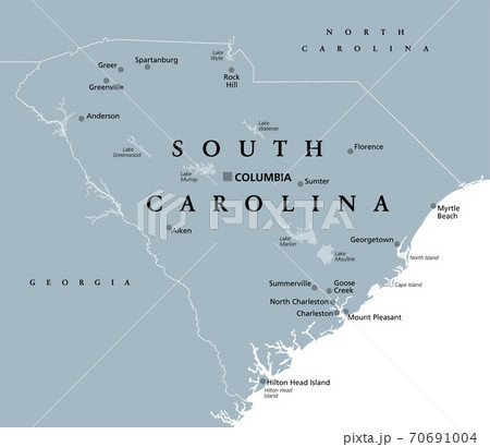 South Carolina, SC, gray political map, with capital Columbia, largest cities and borders. State in the southeastern region of the United States of America. The Palmetto State.  Illustration. Vector. 70691004