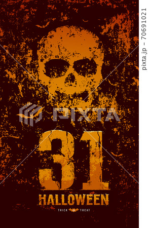 Halloween skull and bat on rough surface orange and black background poster design Halloween skull and bat on rough surface orange and black background poster design 70691021