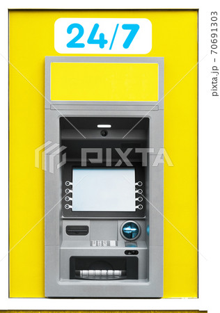 ATM machine, photo of one object in detail as a background, yellow color ATM machine, photo of one object in detail as a background, yellow color 70691303