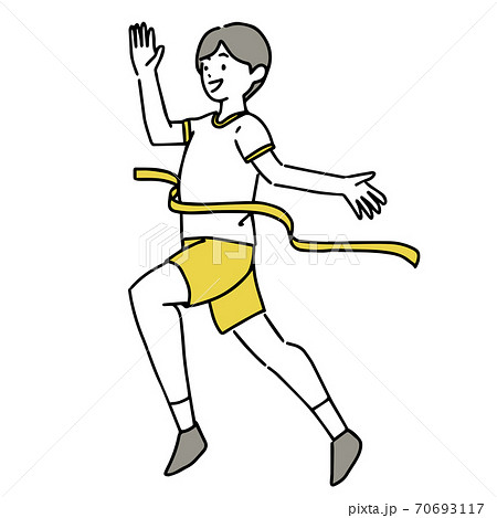 笑顔でゴールテープを切る体操服姿の若い男性ランナーのシンプルなイラストのイラスト素材