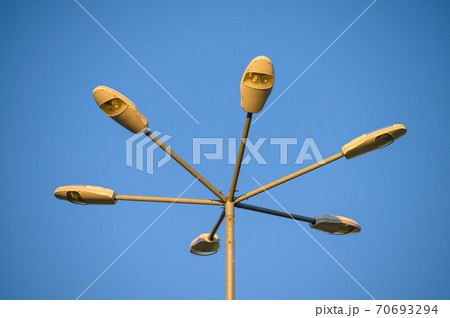 Six LED street Lamps at tall metal post Six LED street Lamps at tall metal post 70693294