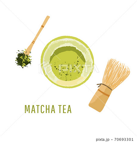 Top view set of matcha powder bowl, wooden spoon and whisk, green tea leaf, isolated on white background. Vector illustration Top view set of matcha powder bowl, wooden spoon and whisk, green tea leaf, isolated on white background. Vector illustration 70693301