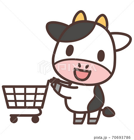 ショッピングカートを押す牛のキャラクターのイラスト素材