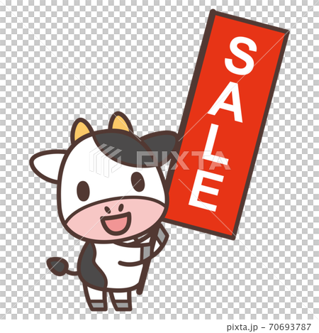 Saleの旗を持つ牛のキャラクターのイラスト素材
