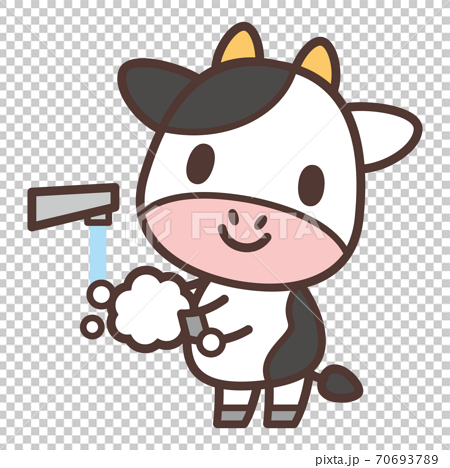 手を洗う牛のキャラクターのイラスト素材