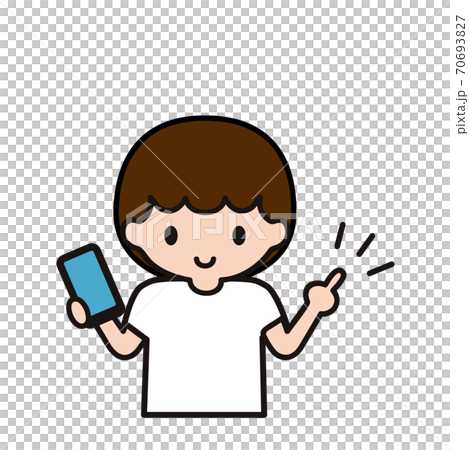 スマホを持って指を立てている少年のイラストのイラスト素材
