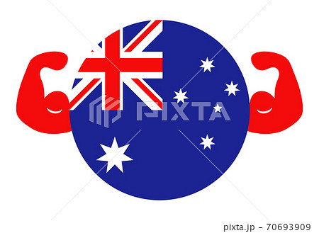 強いオーストラリアのイメージイラスト 円形のオーストラリア国旗と力こぶ のイラスト素材