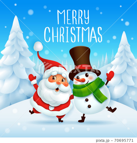 Merry Christmas! Santa Claus and Cheerful Snowman arm over shoulder. 70695771