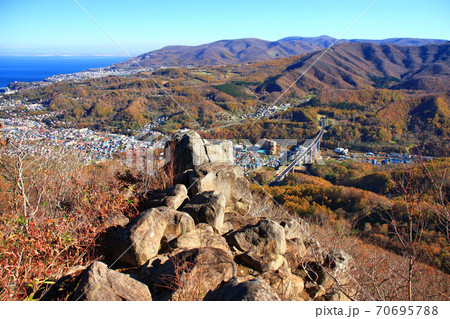 秋の天狗山から見る朝里市街地と完成前の後志自動車道 70695788