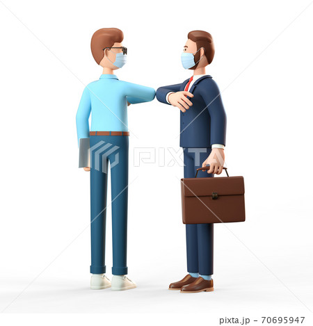 Two businessmen wearing protective face masks greeting bumping elbows. 3D illustration of the safe greeting during Covid-19 pandemic. 70695947