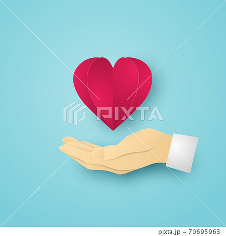 Red Heart on Human hand on blue background. Vector illustration. 70695963