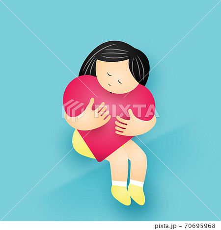 A Little girl hug the Heart sitting on blue background. Vector illustration. 70695968