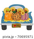 Thanks Giving - A colorful pumpkins in blue Classic truck isolated on white background. 70695971