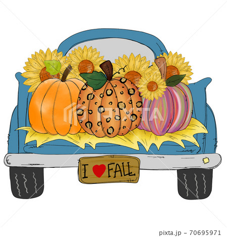 Thanks Giving - A colorful pumpkins in blue Classic truck isolated on white background. Thanks Giving - A colorful pumpkins in blue Classic truck isolated on white background. 70695971