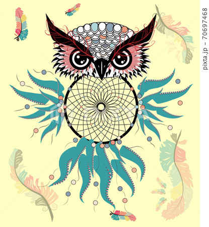 Dreamcatcher with owl. Zentangle. Abstract bird. Line art. Mystic symbol. American Indians symbol. spiritual relaxation for adults. 70697468
