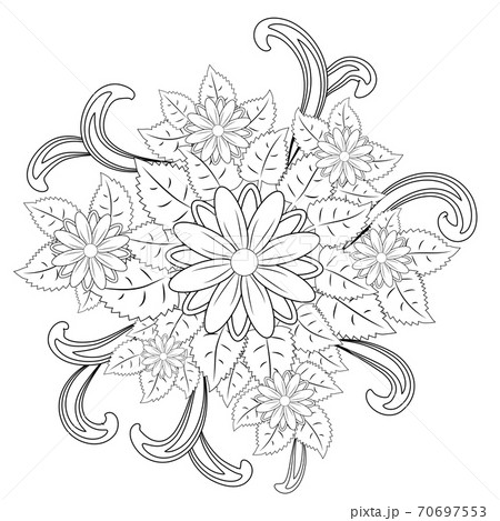Black and white circle flower ornament, ornamental round lace design. Floral mandala Black and white circle flower ornament, ornamental round lace design. Floral mandala 70697553
