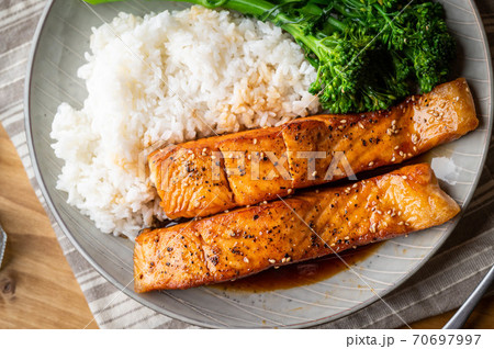 salmon teriyaki with rice and boiled broccolini salmon teriyaki with rice and boiled broccolini 70697997