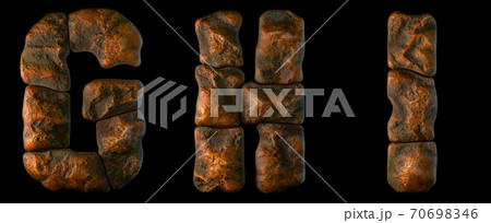 Set of rocky letters G, H, I. Font of stone on black background. 3d 70698346