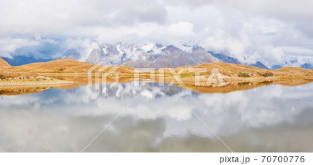 Clouds on mountain lake Koruldi. Upper Svaneti, Georgia, Europe. Caucasus 70700776