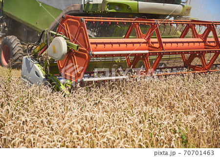 close view of modern combine harvester in action 70701463