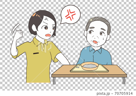 食べ物をこぼす高齢男性 手をあげる女性介護士のイラスト素材