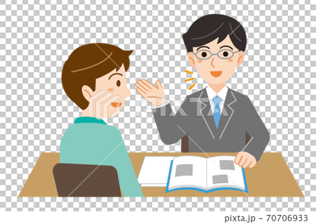 西裝的男人向來諮詢的人解釋的例證/白色背景 70706933