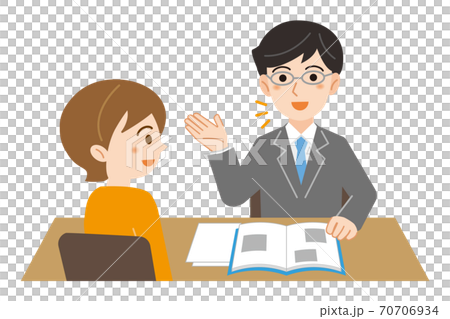 西裝的男人向來諮詢的女人解釋的插圖/白色背景 70706934