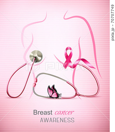 Breast cancer awareness background with a stethoscope and a female body outline. Vector. 70707749