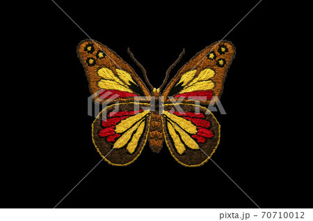 Pattern for embroidery on a white background of colorful butterflies among yellow flowers on twisted stems with green leaves 70710012
