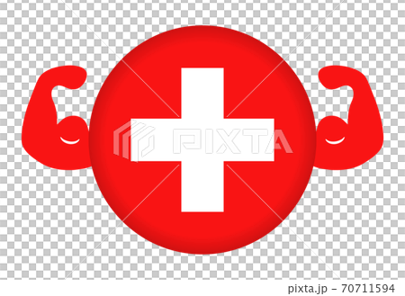 強いスイスのイメージイラスト 円形のスイス国旗と力こぶ のイラスト素材