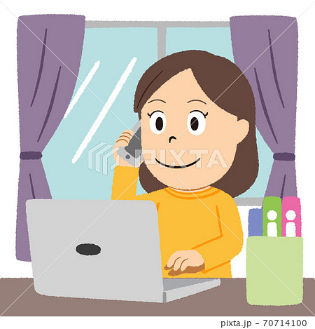 テレワーク 在宅勤務する女性 のイラスト素材