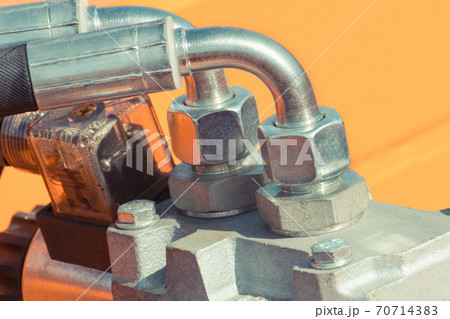 Detail and part of hydraulic or pneumatic mechanism in machine. Technology Detail and part of hydraulic or pneumatic mechanism in machine. Technology 70714383