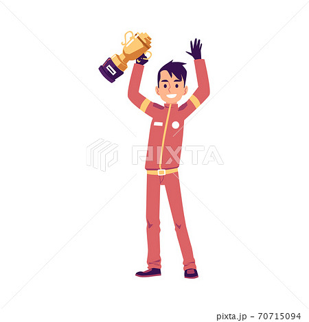 Car race driver or pilot holding trophy cup, flat vector illustration isolated. 70715094