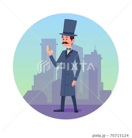 Circle with gentleman at backdrop of buildings flat vector illustration isolated. Circle with gentleman at backdrop of buildings flat vector illustration isolated. 70715124