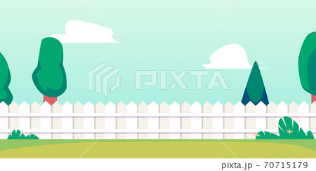 Summer backyard background banner with fence and lawn flat vector illustration. Summer backyard background banner with fence and lawn flat vector illustration. 70715179