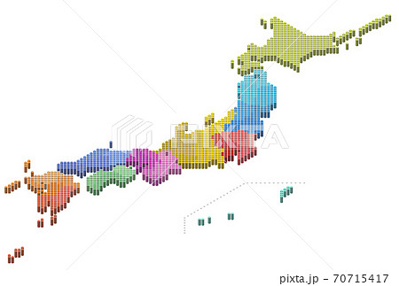 ドット影なし日本地図3d 地方別 のイラスト素材