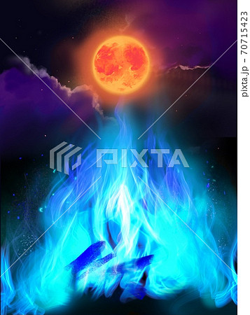満月とメラメラ燃える青い炎の背景イラストのイラスト素材