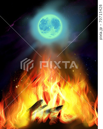 満月とメラメラ燃える赤い炎の背景イラストのイラスト素材