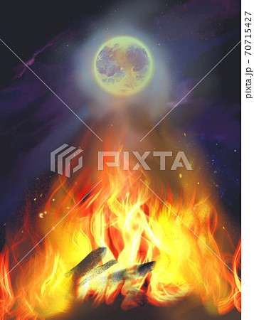 満月とメラメラ燃える炎の背景イラストのイラスト素材