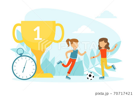 Tiny Girls Soccer Players Characters with Winner Cup and Stopwatch Cartoon Vector Illustration Tiny Girls Soccer Players Characters with Winner Cup and Stopwatch Cartoon Vector Illustration 70717421